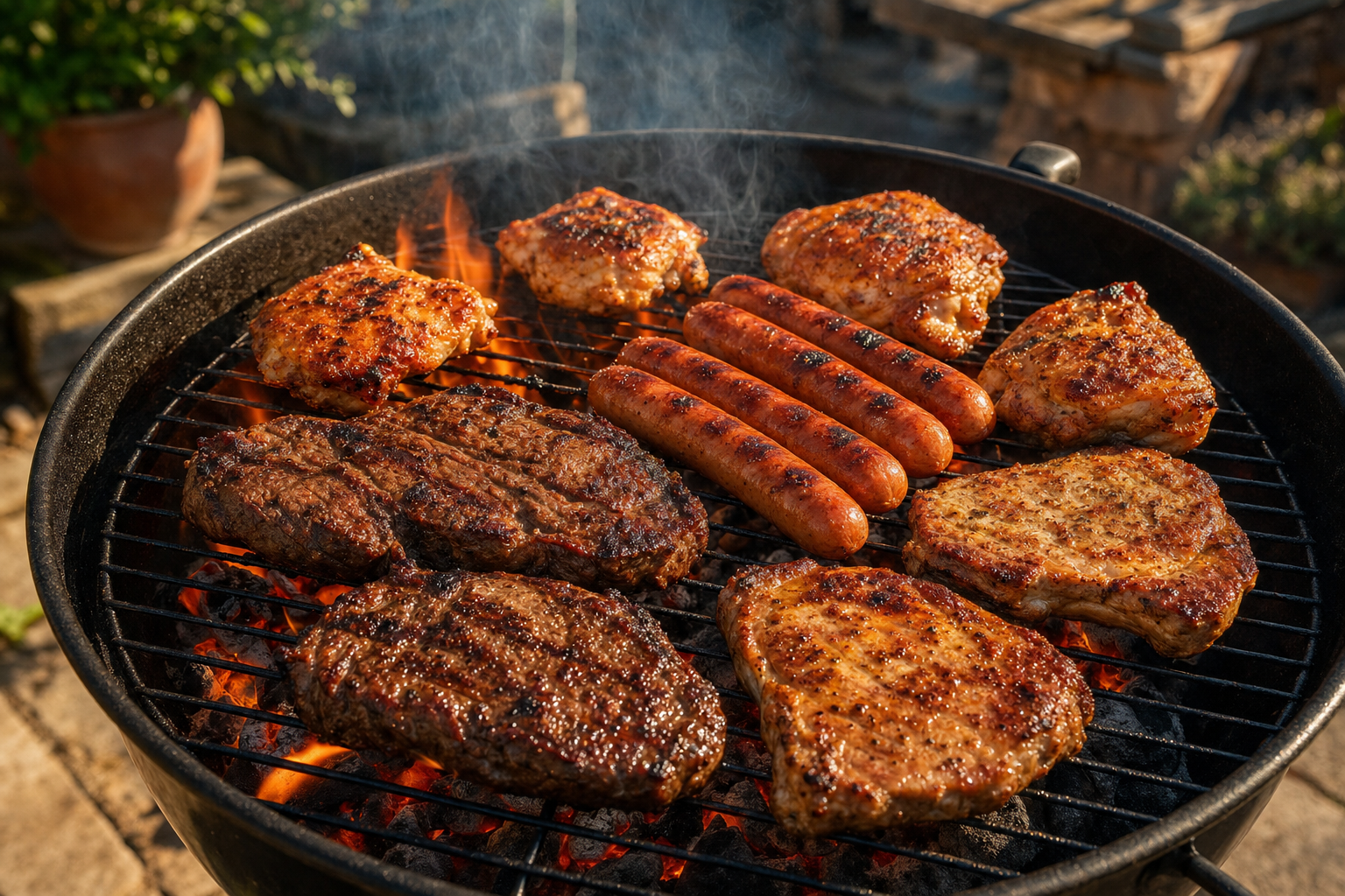 炭火グリルで焼いているBBQの肉
