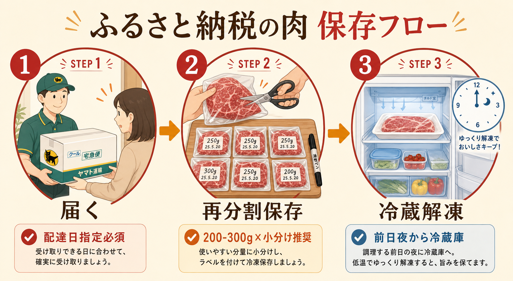 ふるさと納税の肉の保存フロー、届く・再分割保存・冷蔵解凍