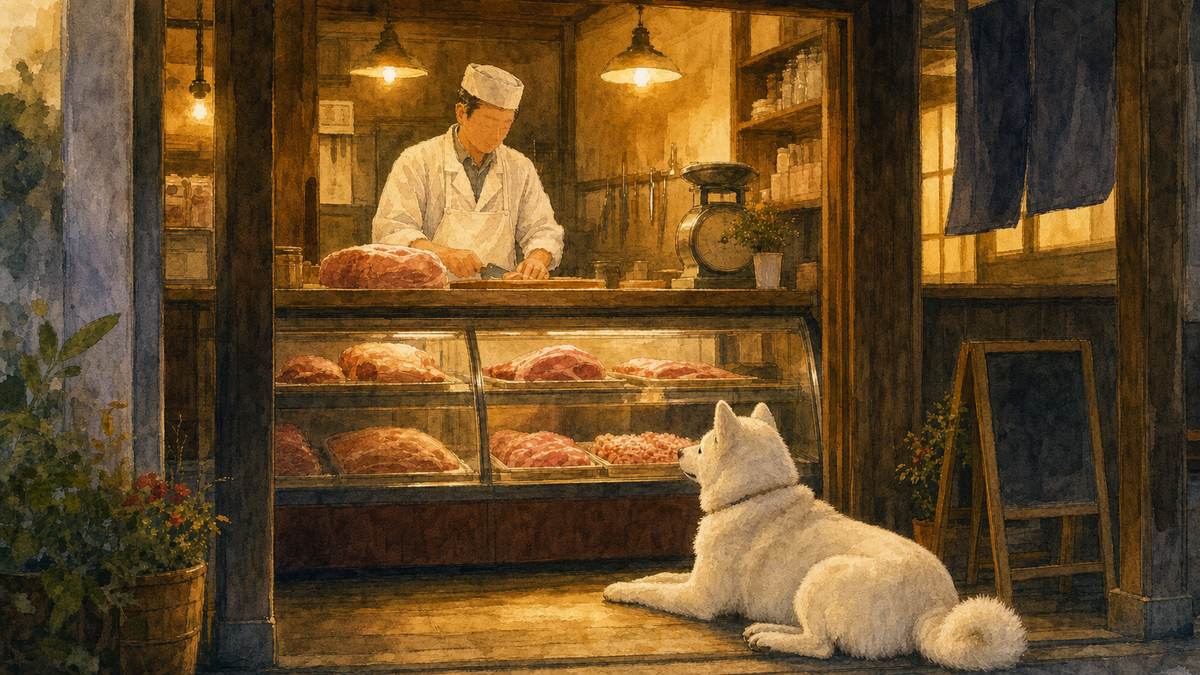夕暮れの精肉店で肉を捌く店主と外で待つ秋田犬のイラスト