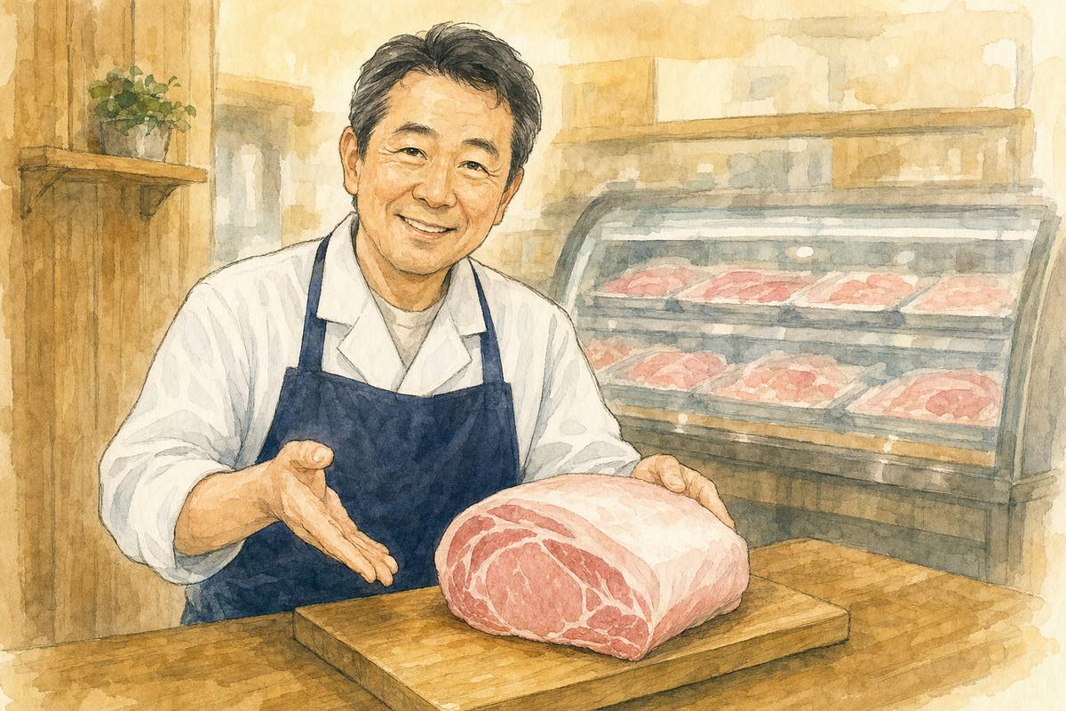 精肉店主が豚肉ブロックを手に持って紹介するイラスト