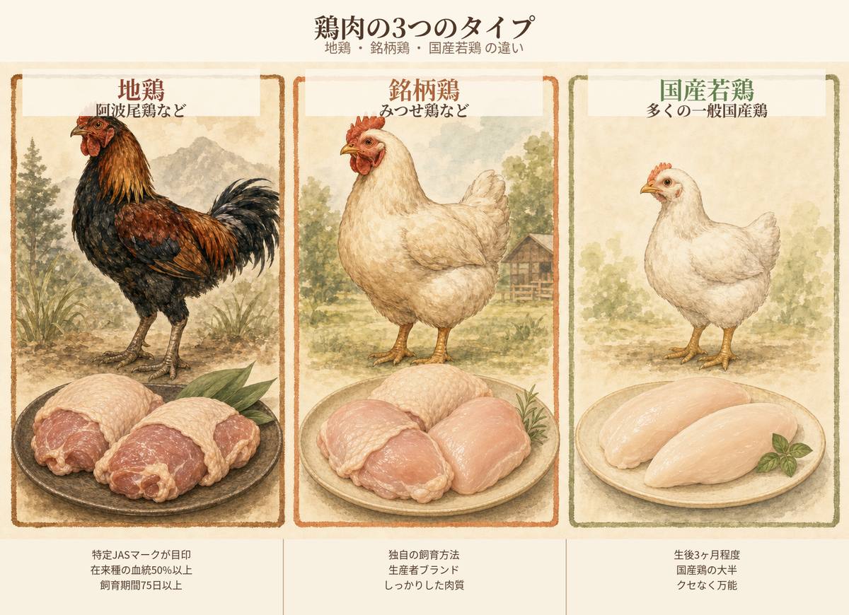 鶏肉の3つのタイプ 地鶏・銘柄鶏・国産若鶏の違い
